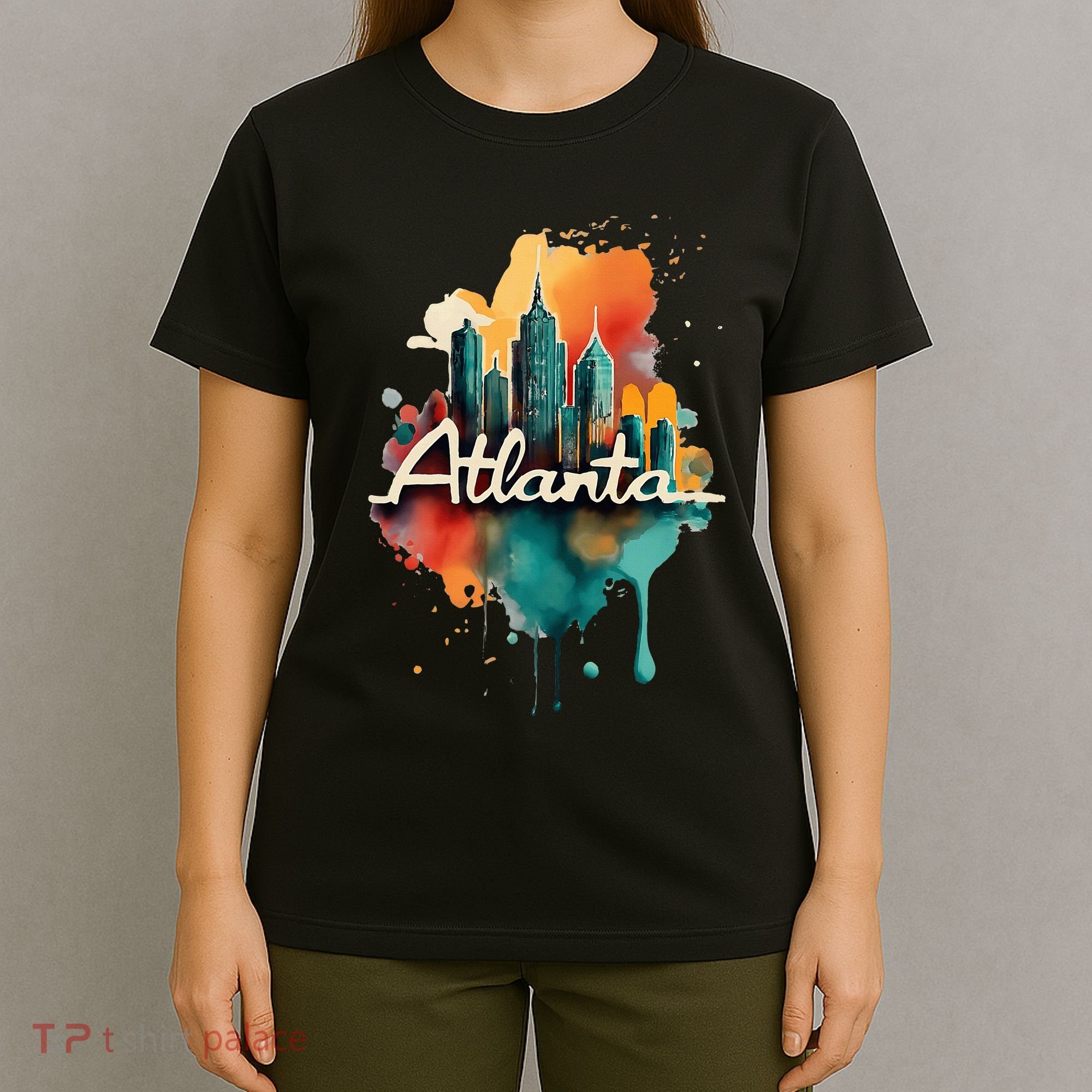 Watercolor Atlanta Georgia Skyline Retro Graphic Tees T-Shirt
