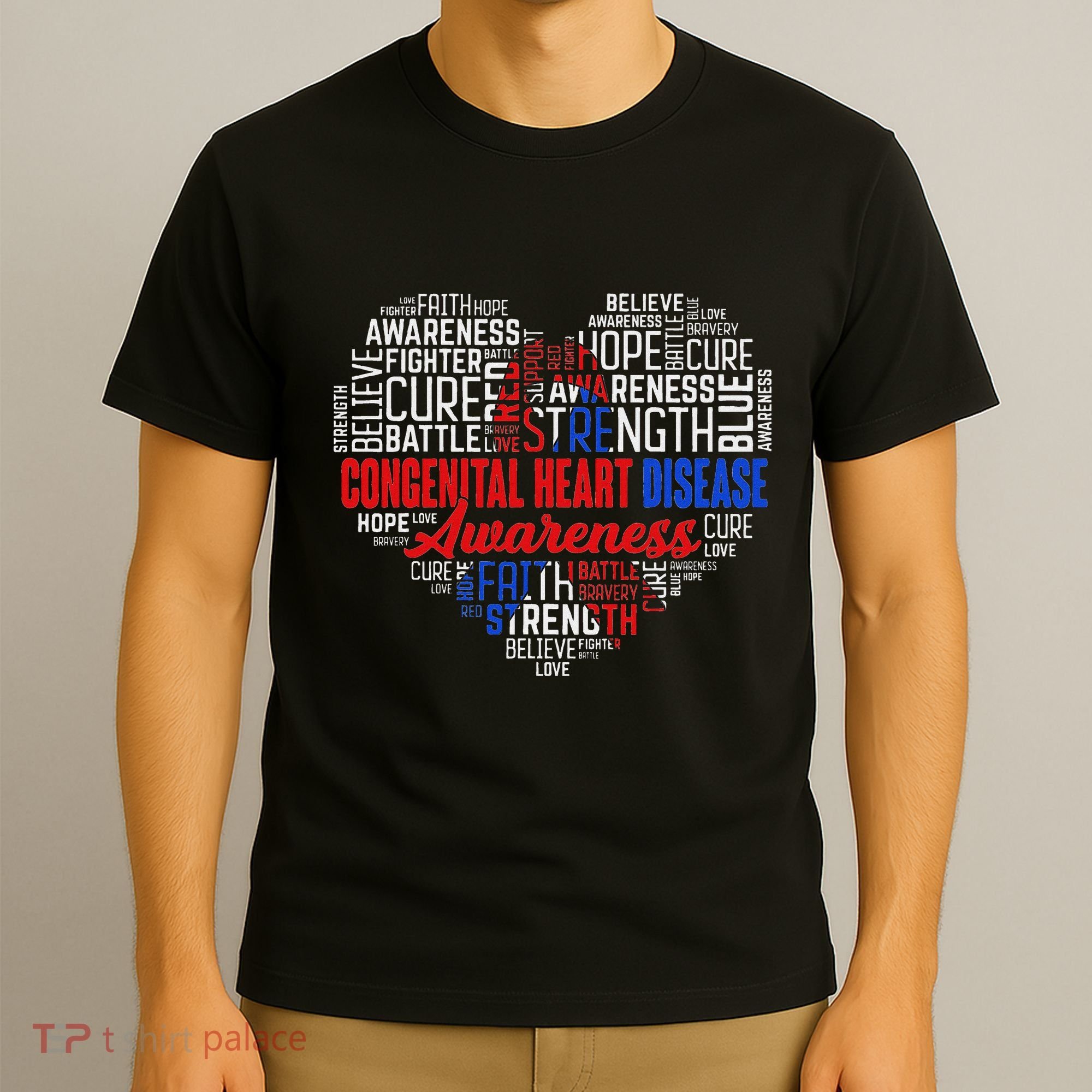 Word Art Heart Red & Blue Ribbon Chd Awareness Day Fighter T-Shirt