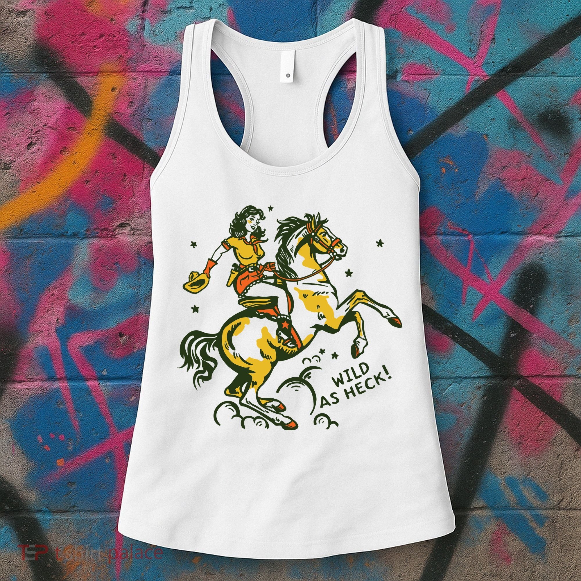 Wild As Heck Cute Retro Cowgirl Pinup Riding A Horse Women's Tank Top