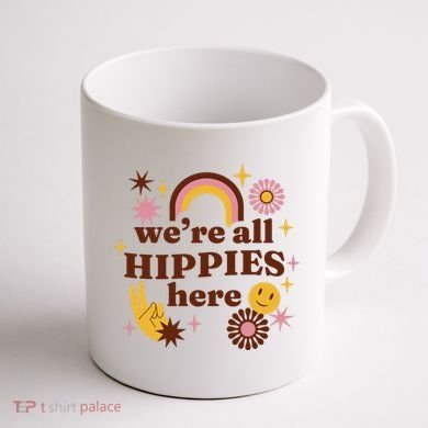 We're All Hippies Here Rainbow Retro Coffee Mug back