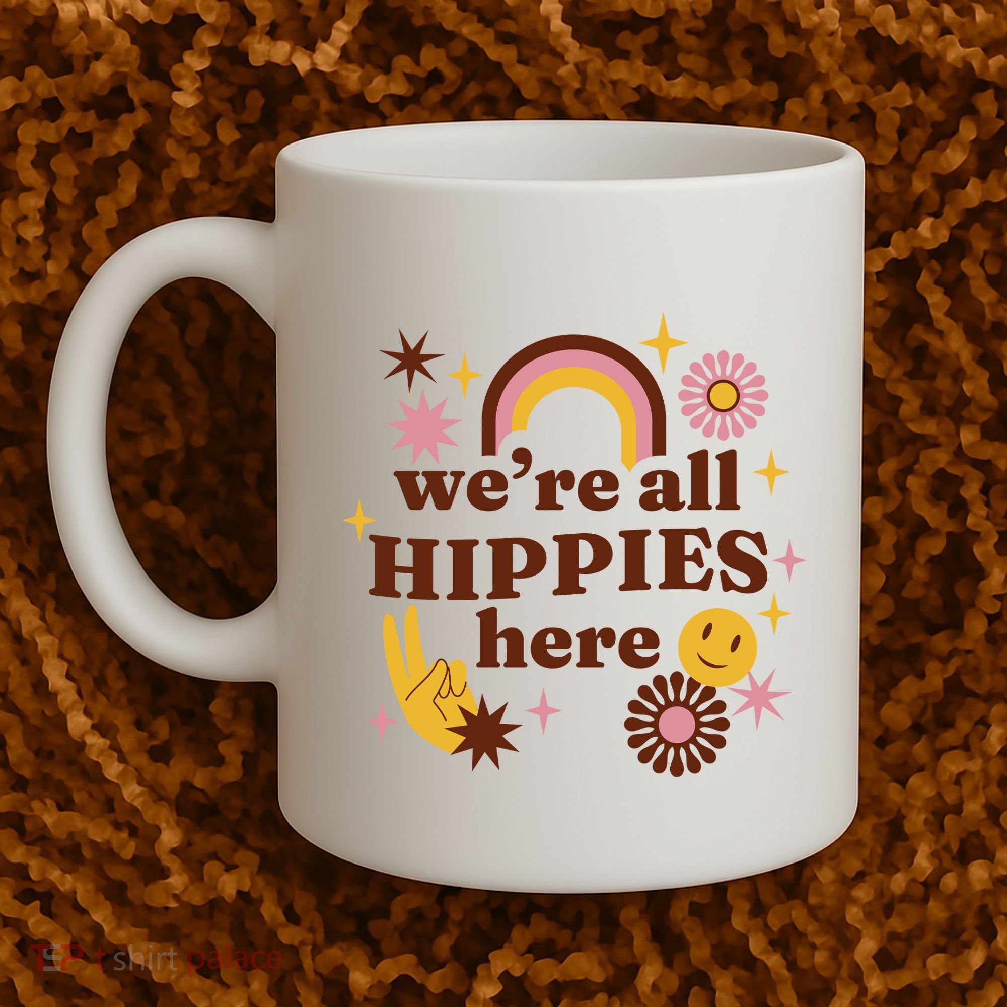 We're All Hippies Here Rainbow Retro Coffee Mug