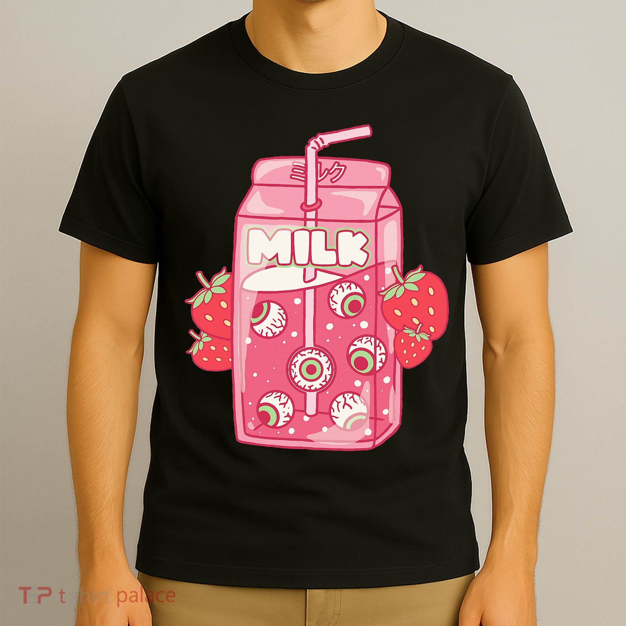 Weirdcore Aesthetic Kawaii Strawberry Milk Carton Eyeballs T-Shirt