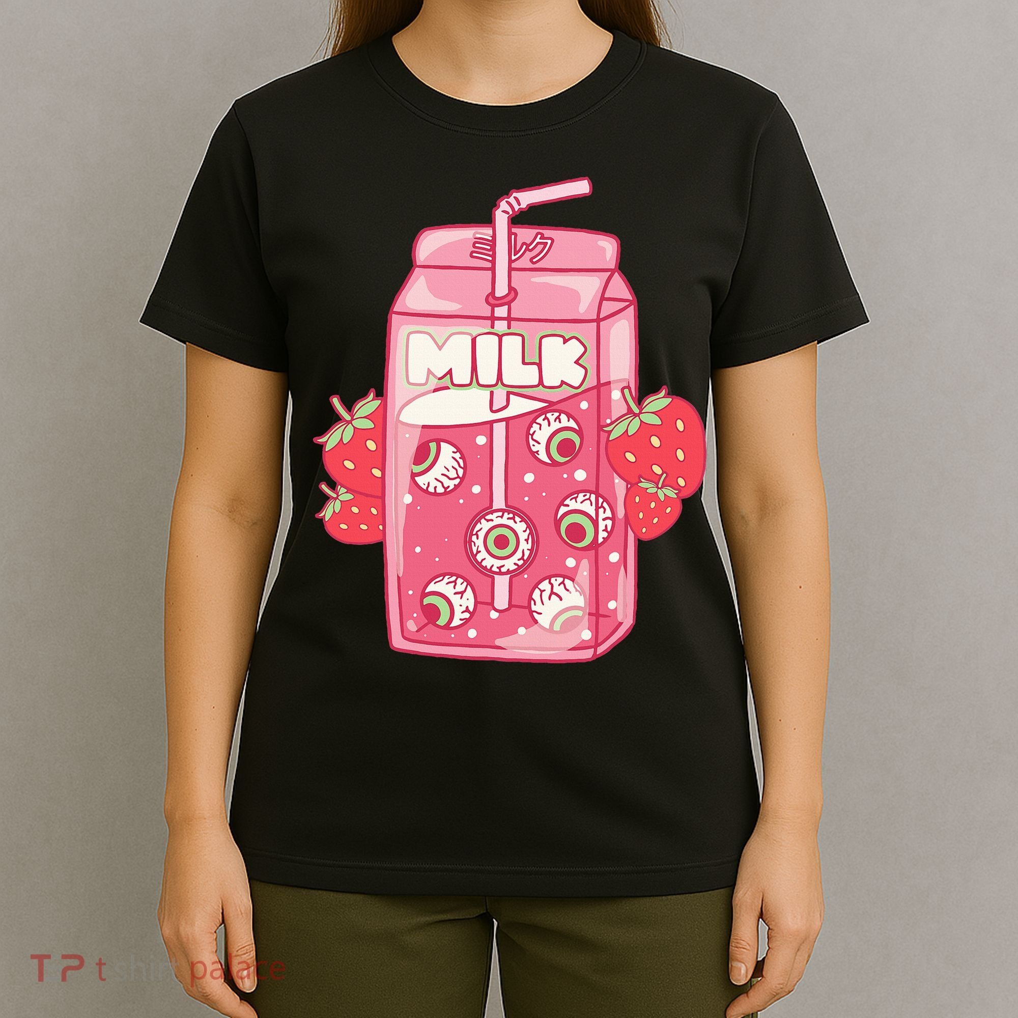 Weirdcore Aesthetic Kawaii Strawberry Milk Carton Eyeballs T-Shirt