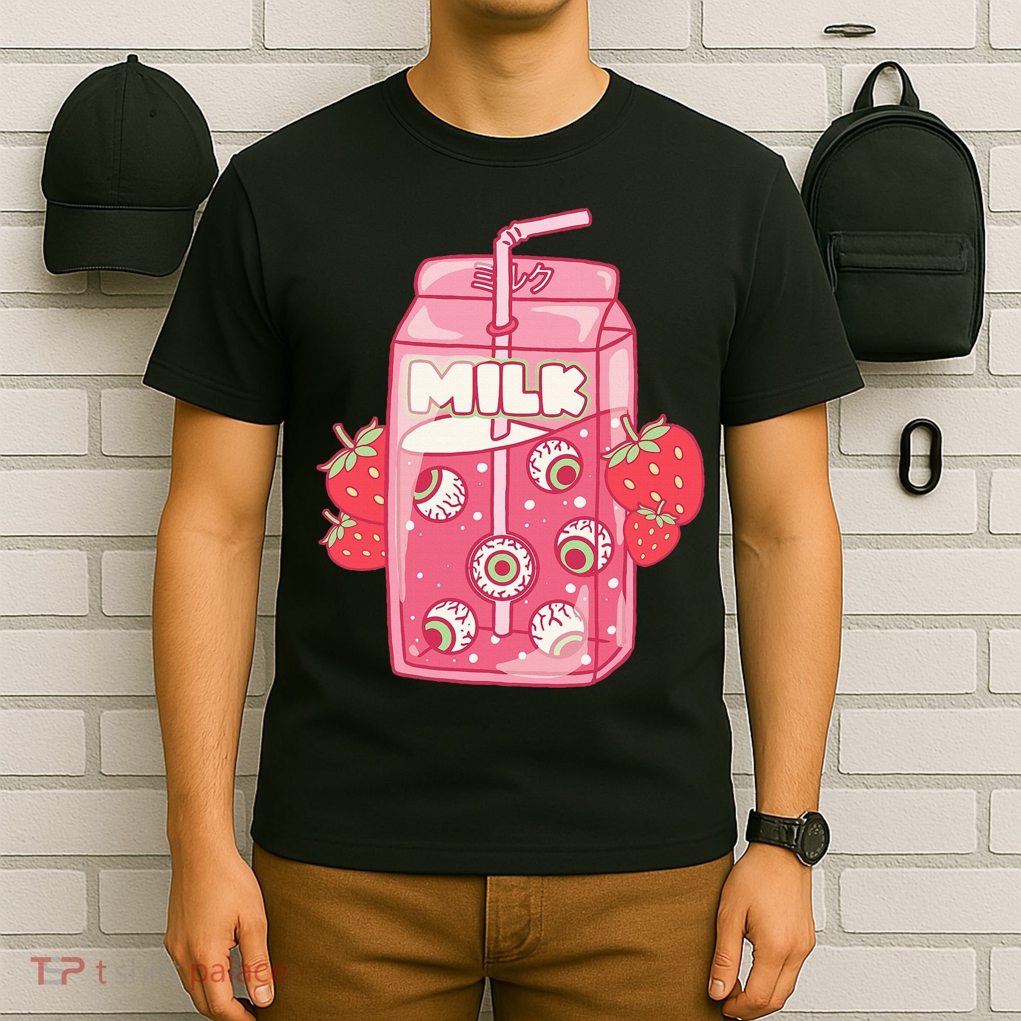 Weirdcore Aesthetic Kawaii Strawberry Milk Carton Eyeballs T-Shirt