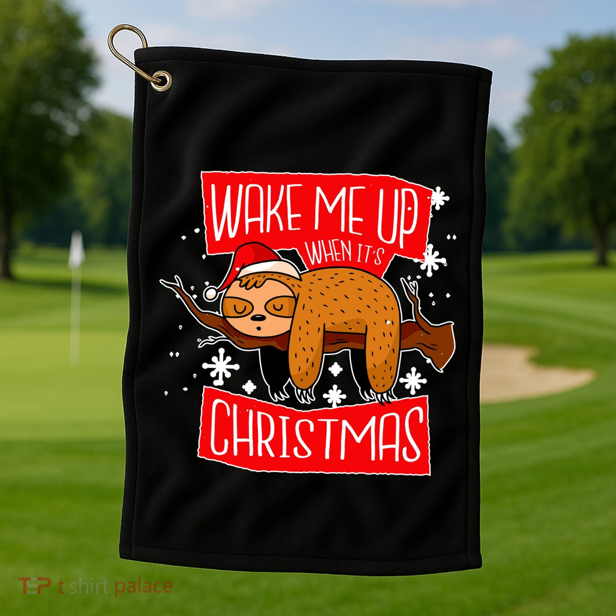 Wake Me Up When It's Christmas Funny Sloth Golf Towel