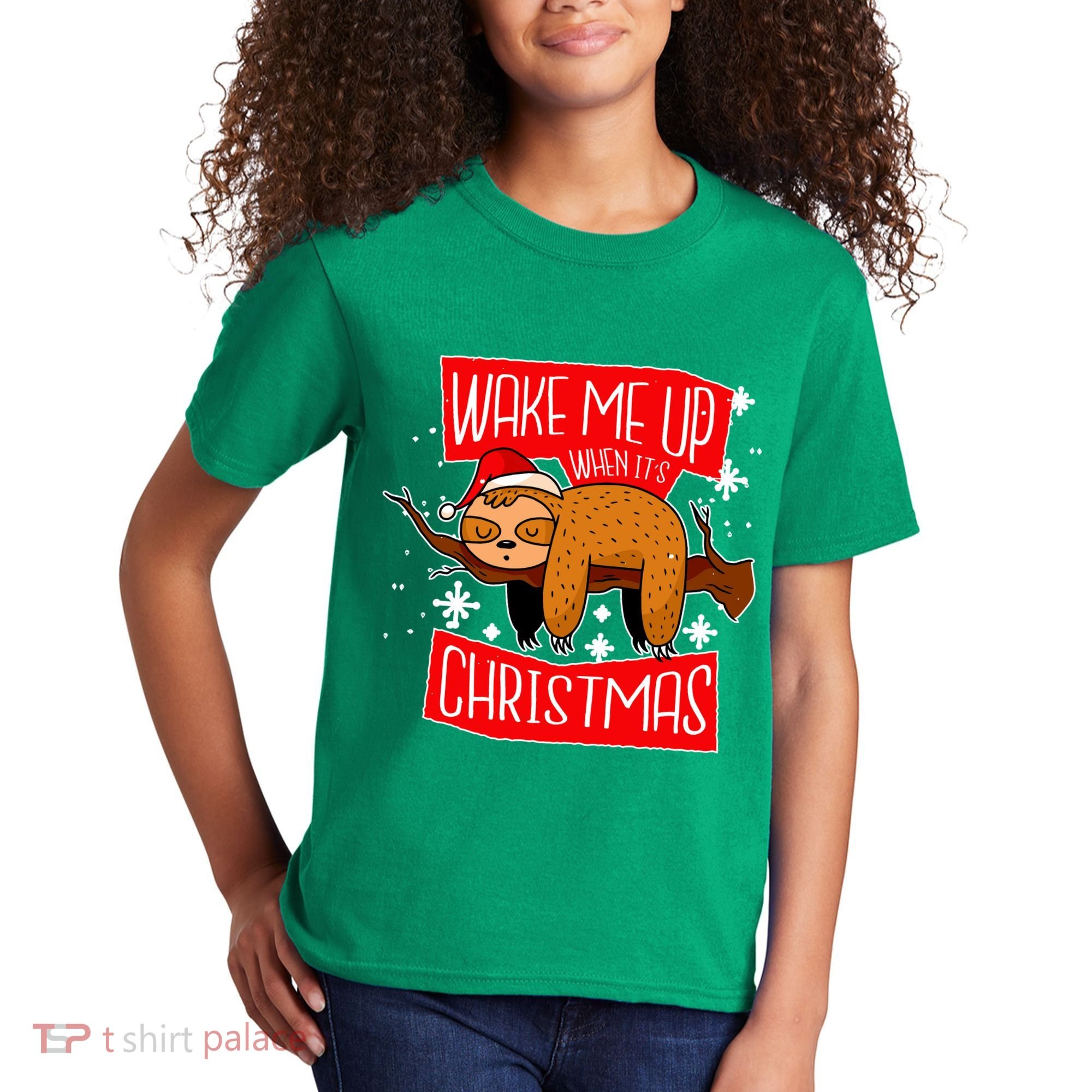 Wake Me Up When It's Christmas Funny Sloth Kids T-Shirt