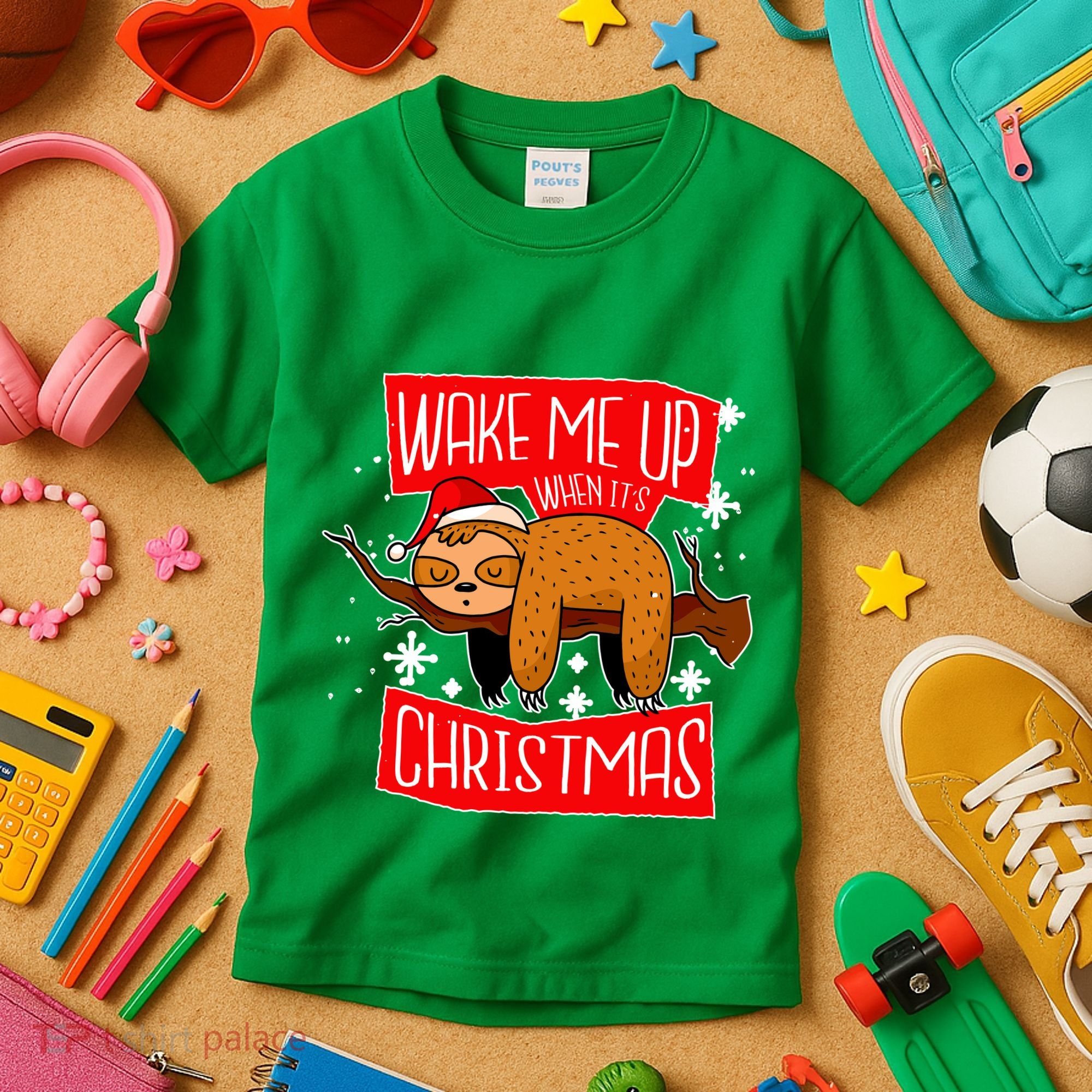 Wake Me Up When It's Christmas Funny Sloth Kids T-Shirt