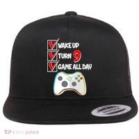 Wake Up Turn Nine Game All Day 9th Birthday Flat Bill Trucker Hat thumb 0