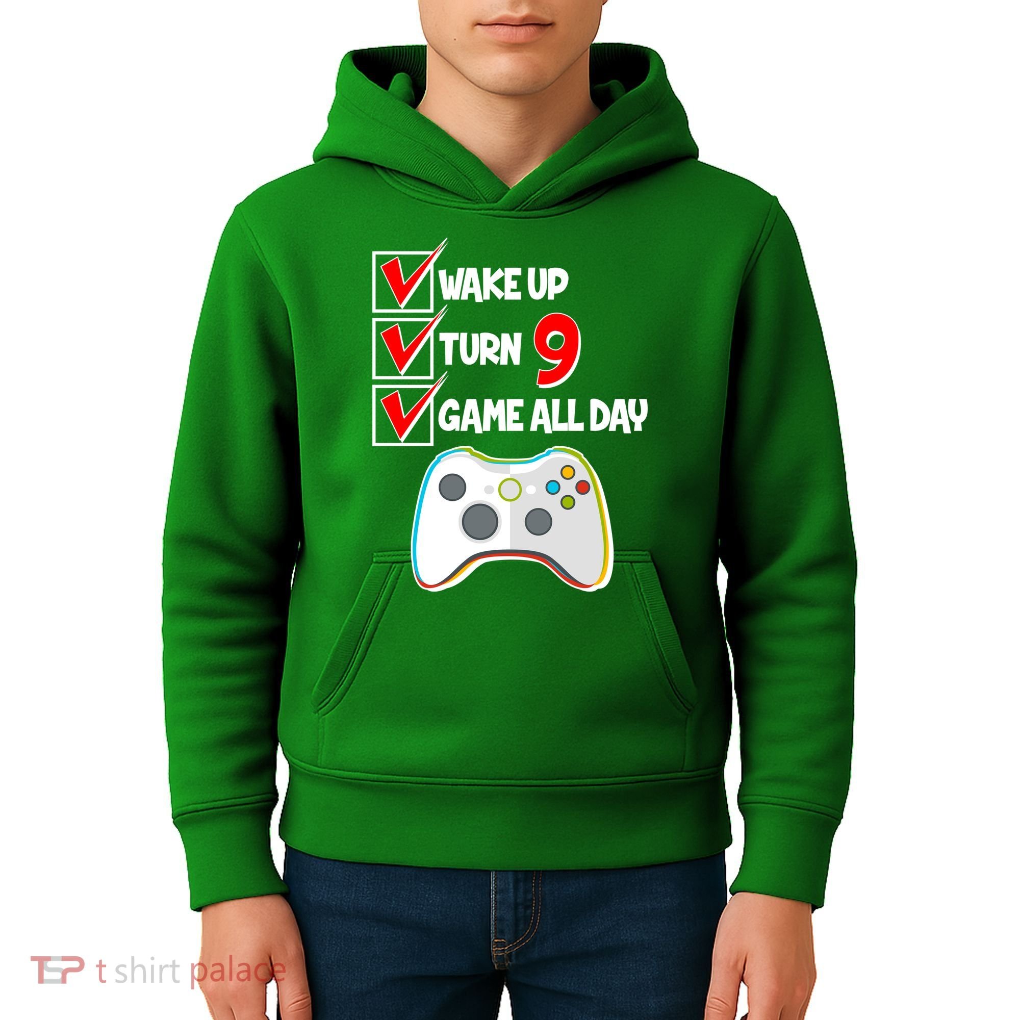Wake Up Turn Nine Game All Day 9th Birthday Kids Hoodie