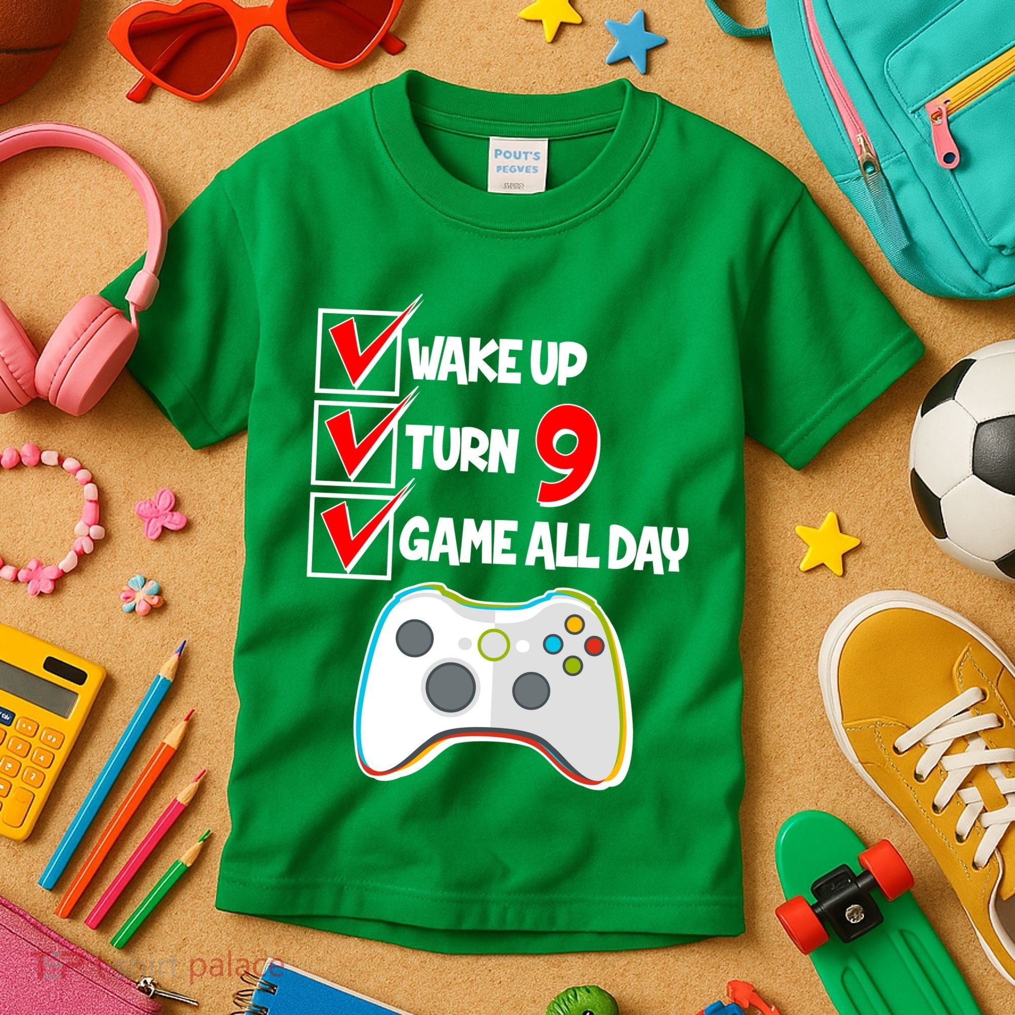 Wake Up Turn Nine Game All Day 9th Birthday Kids T-Shirt