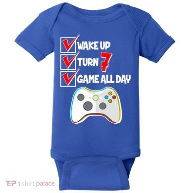 Wake Up Turn Seven Game All Day 7th Birthday Baby Bodysuit