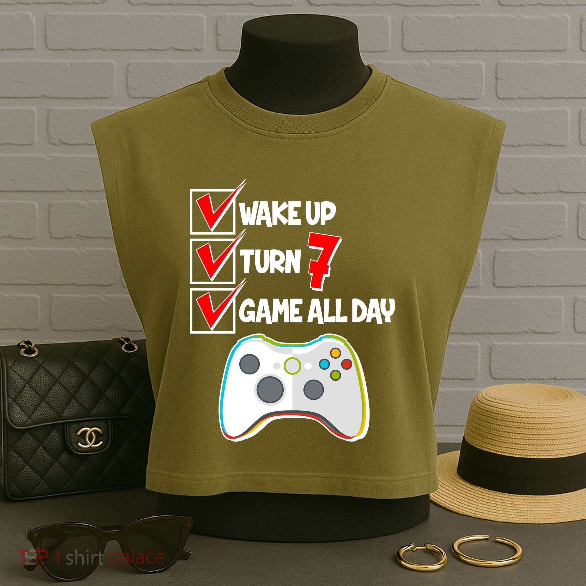 Wake Up Turn Seven Game All Day 7th Birthday Garment-Dyed Women's Muscle Tee