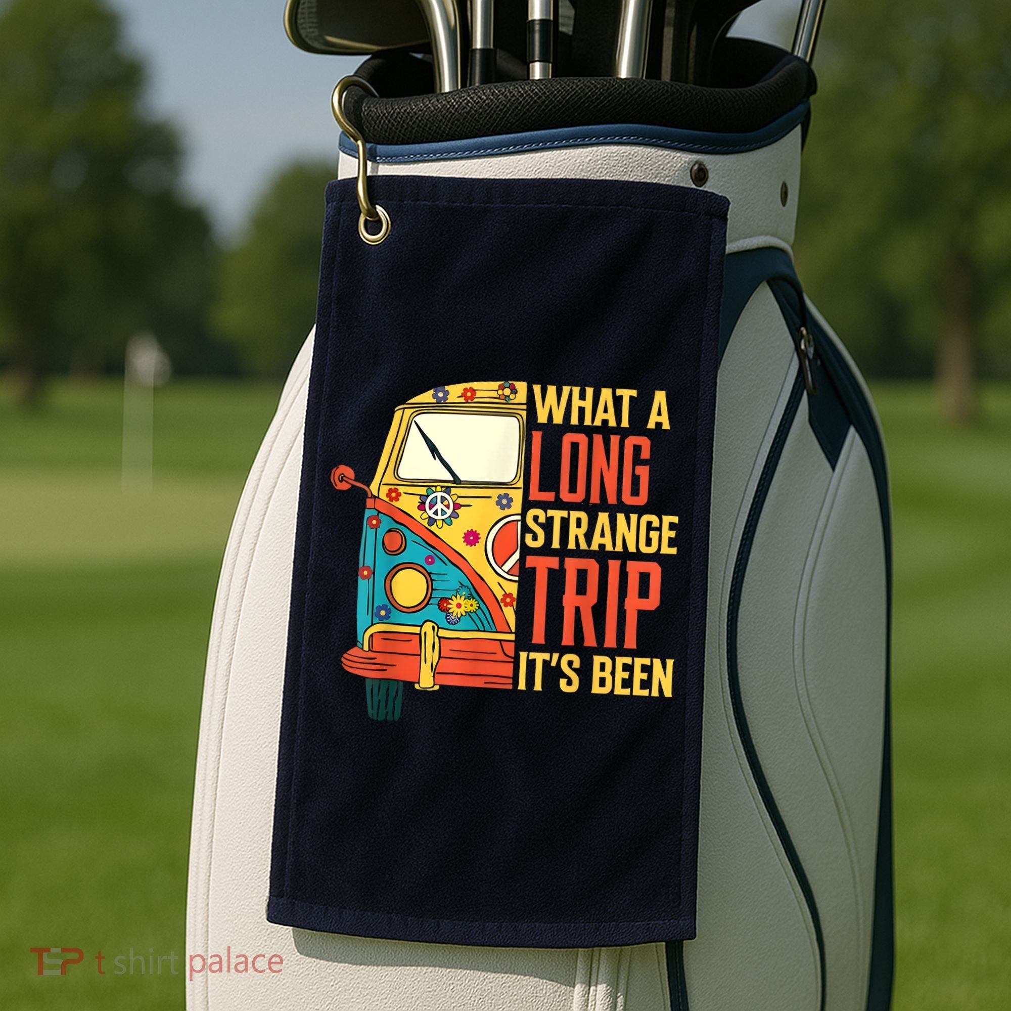 What A Long Strange Trip ItS Been 70s Hippie Camping Lover Golf Towel