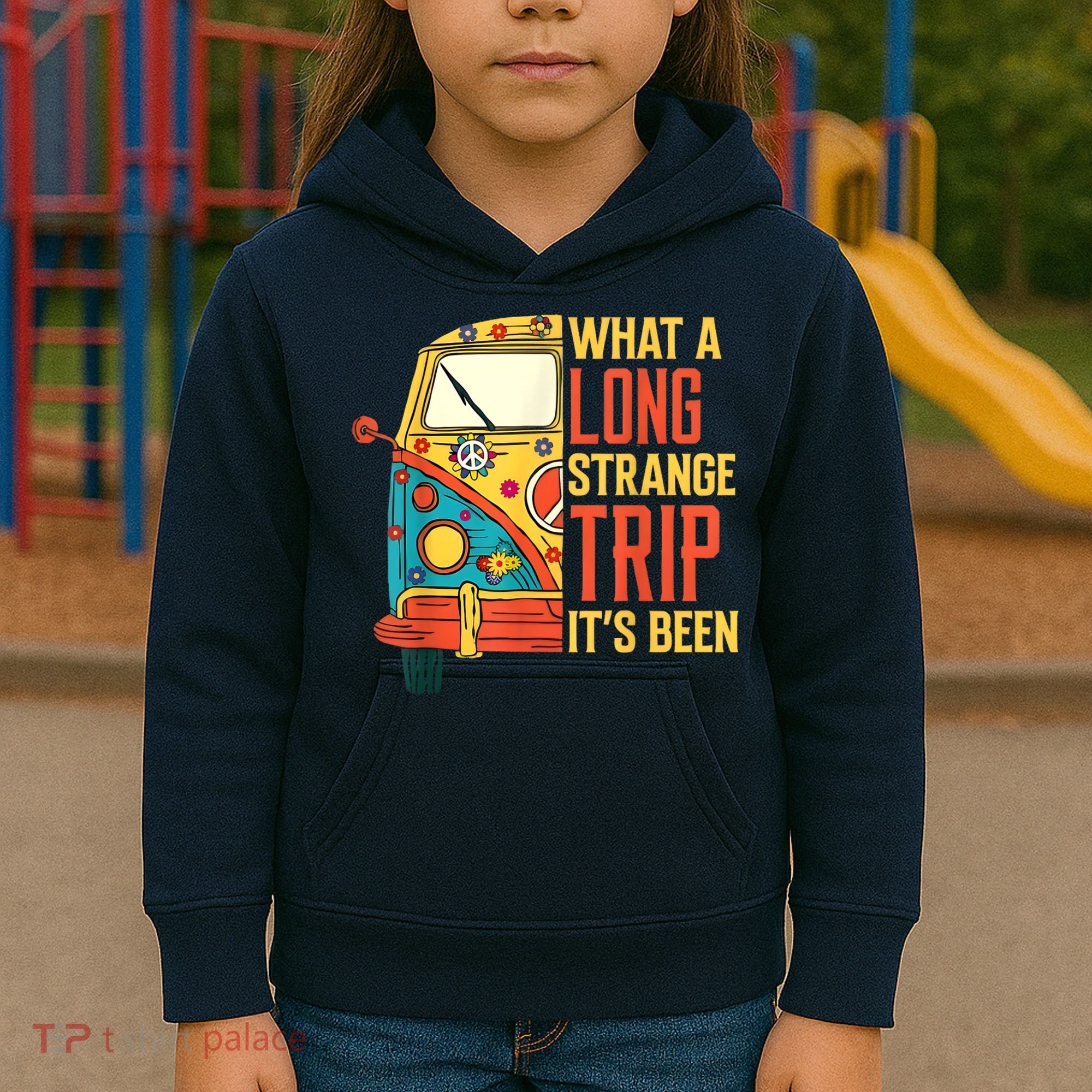 What A Long Strange Trip ItS Been 70s Hippie Camping Lover Kids Hoodie