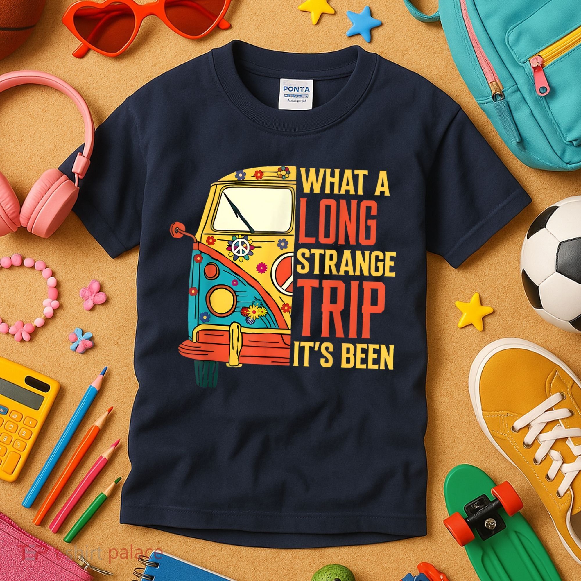 What A Long Strange Trip ItS Been 70s Hippie Camping Lover Kids T-Shirt