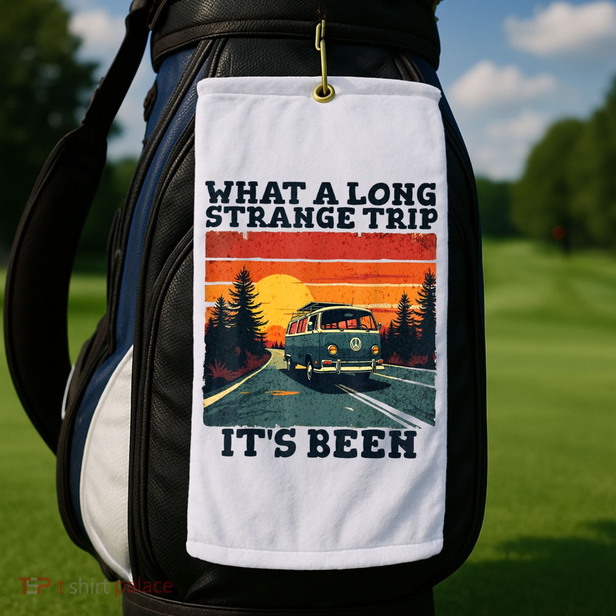 What A Long Strange Trip ItS Been 70s Hippie Camping Lover Golf Towel