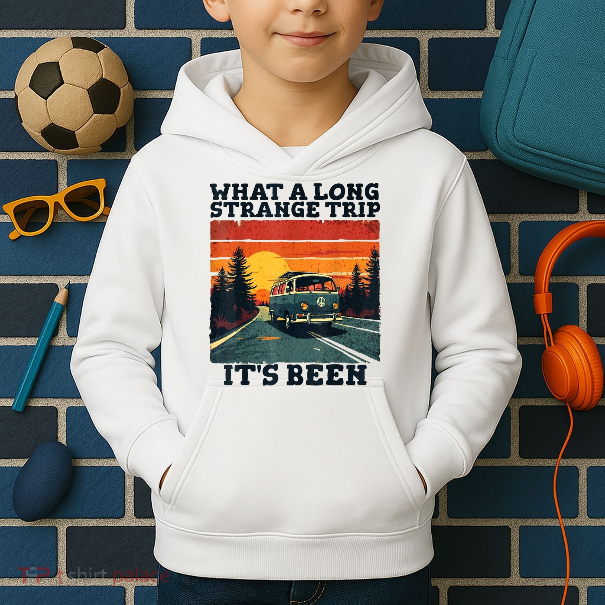 What A Long Strange Trip ItS Been 70s Hippie Camping Lover Kids Hoodie