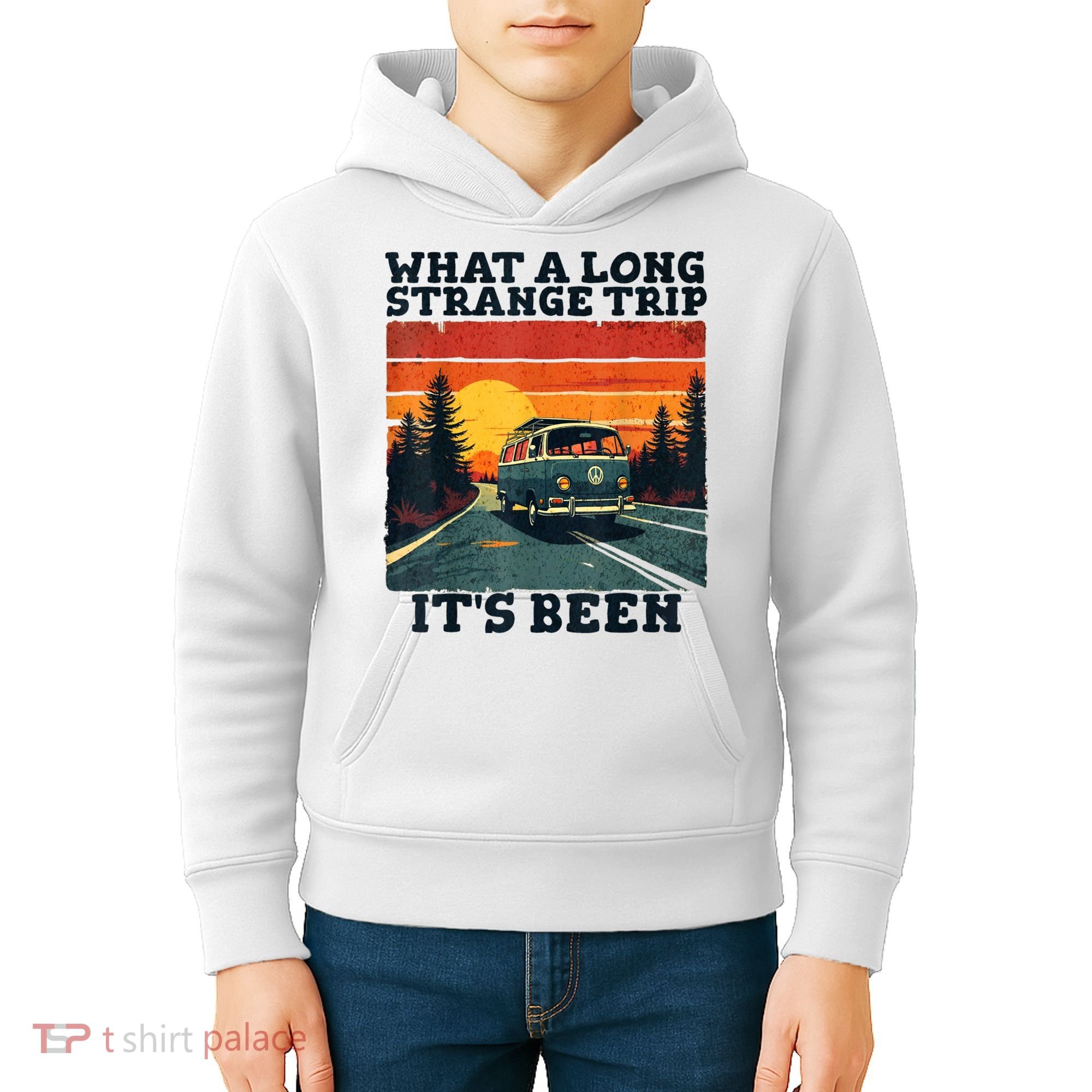 What A Long Strange Trip ItS Been 70s Hippie Camping Lover Kids Hoodie