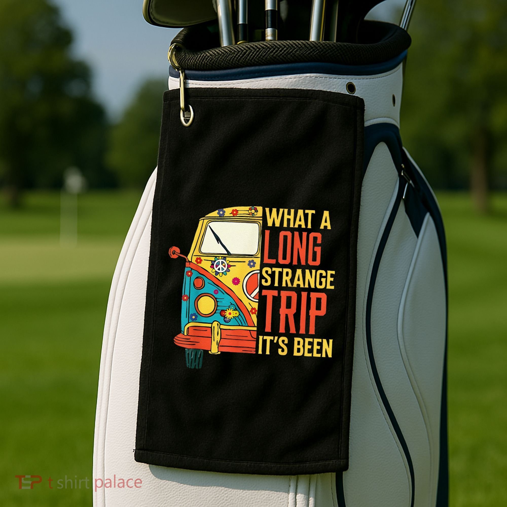 What A Long Strange Trip ItS Been 70s Hippie Camping Lover Golf Towel