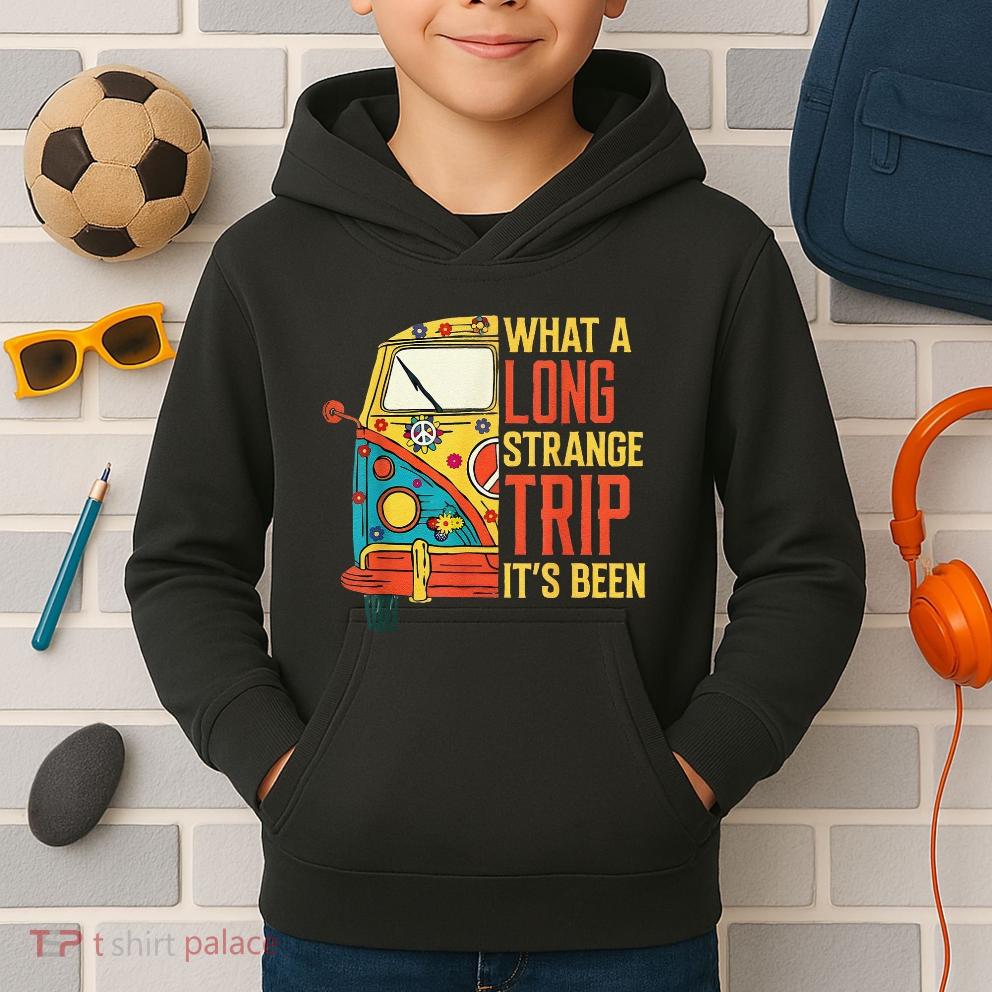 What A Long Strange Trip ItS Been 70s Hippie Camping Lover Kids Hoodie