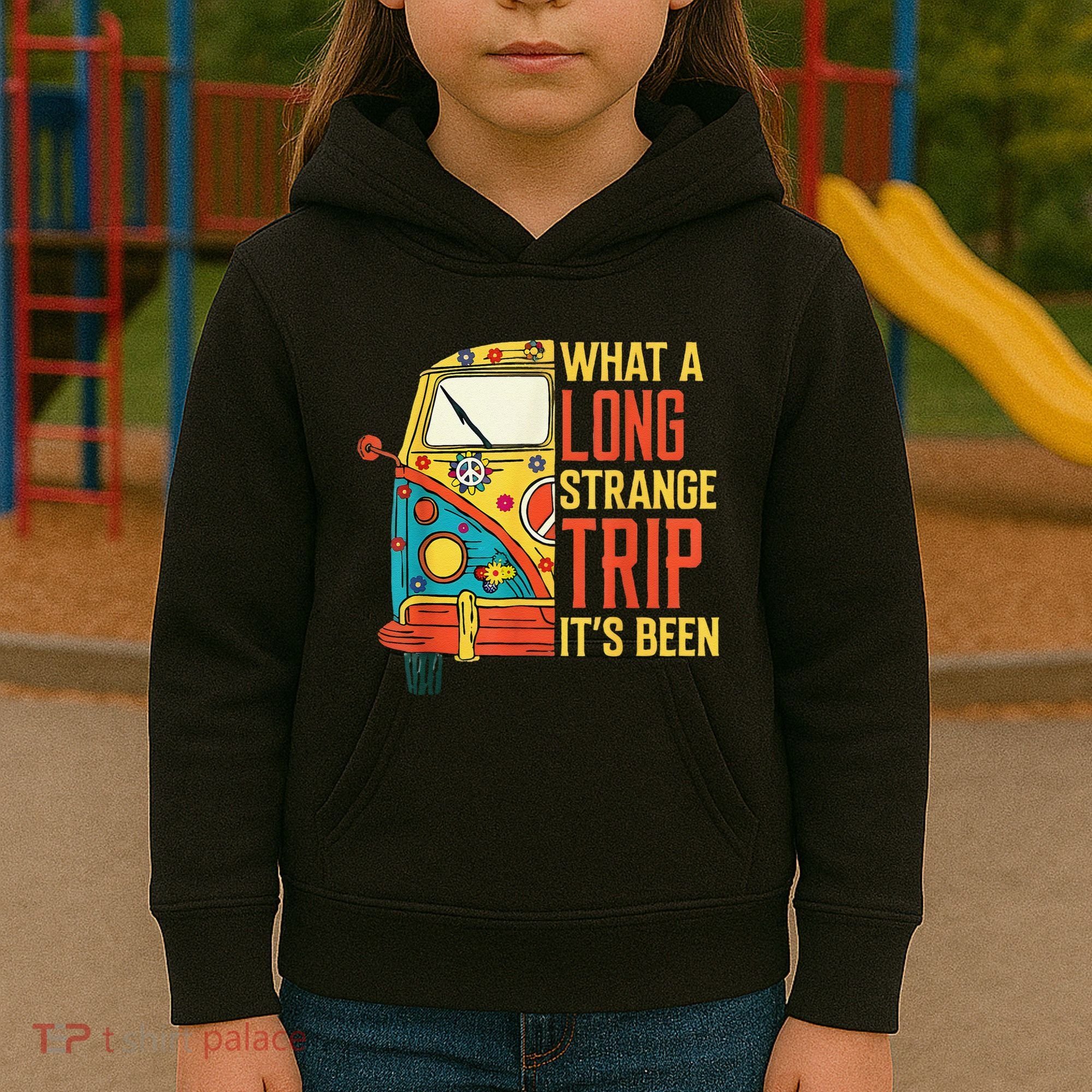 What A Long Strange Trip ItS Been 70s Hippie Camping Lover Kids Hoodie