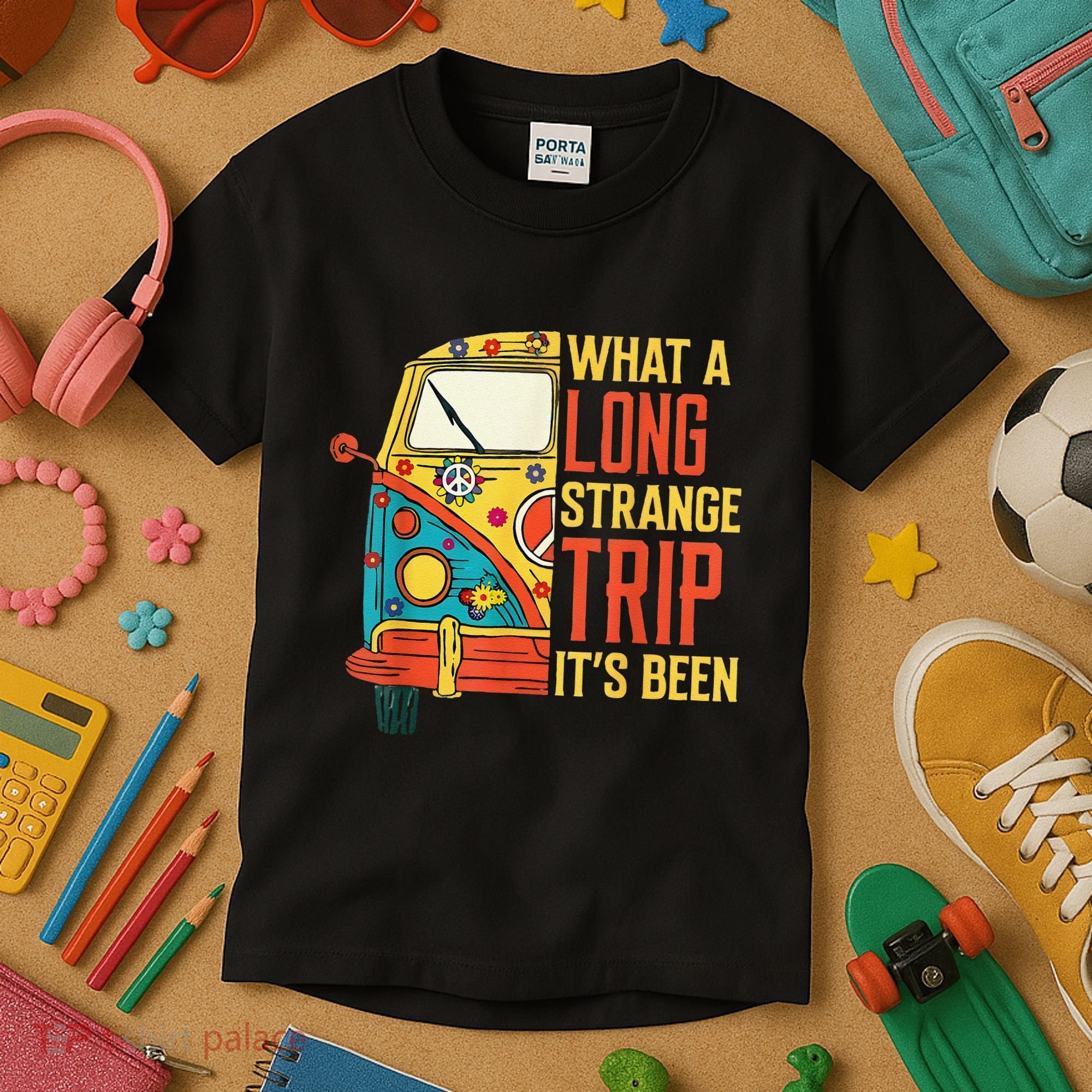 What A Long Strange Trip ItS Been 70s Hippie Camping Lover Kids T-Shirt