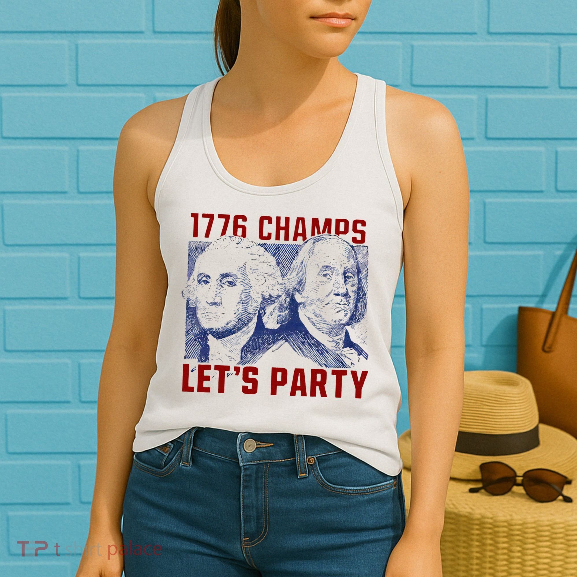 Washington And Lincoln 1776 Champs Let’s Party USA Flag Women's Tank Top