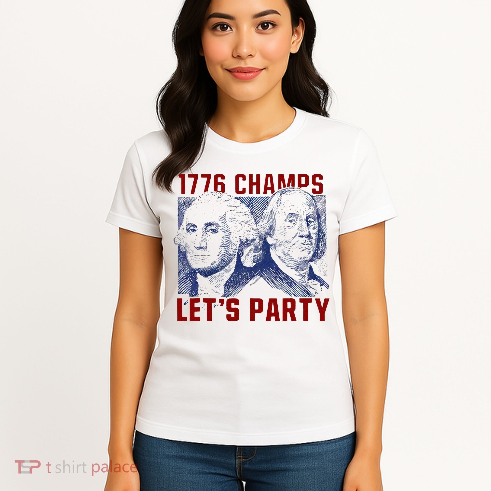 Washington And Lincoln 1776 Champs Let’s Party USA Flag Women's T-Shirt