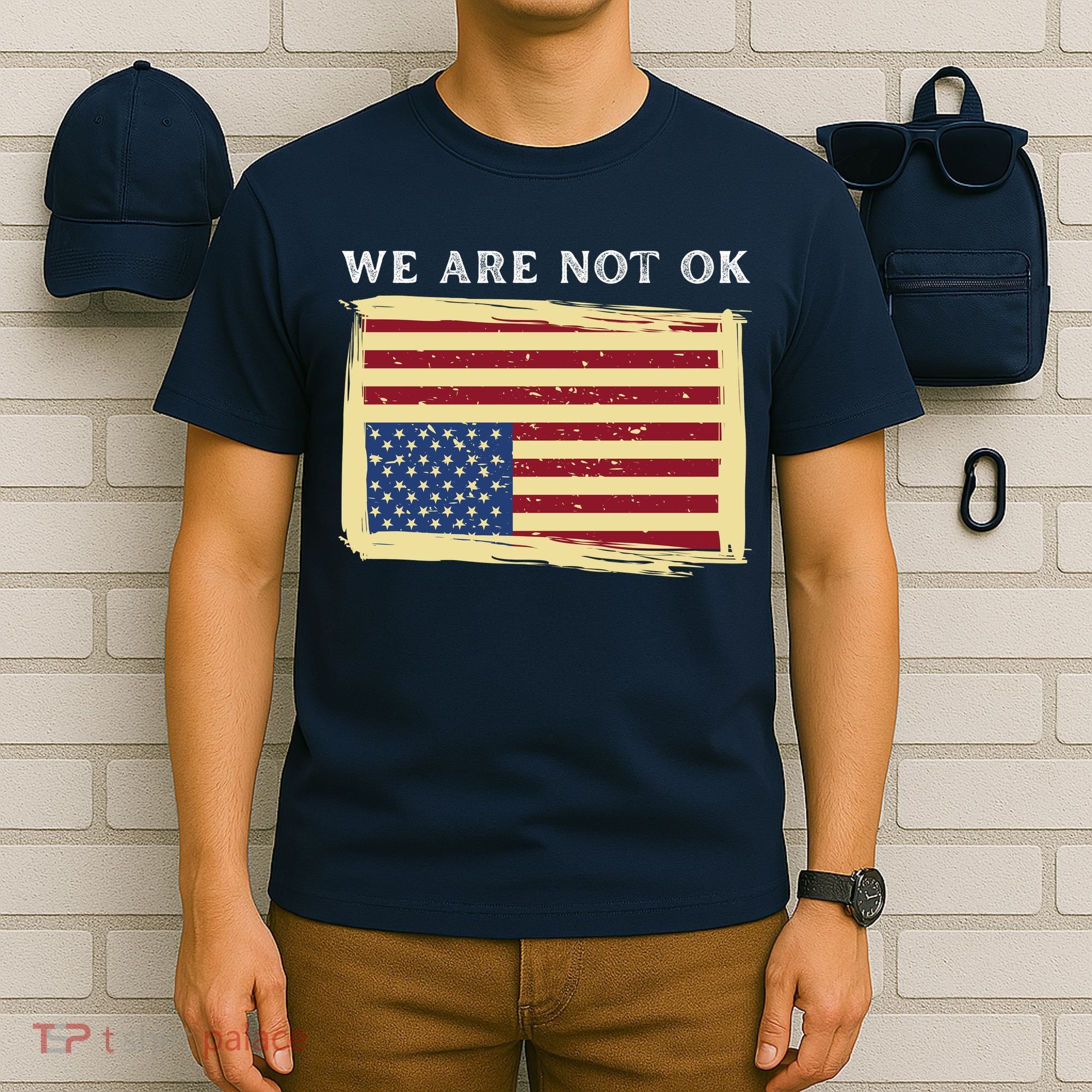 We Are Not Ok Upside Down USA Flag In Distress T-Shirt