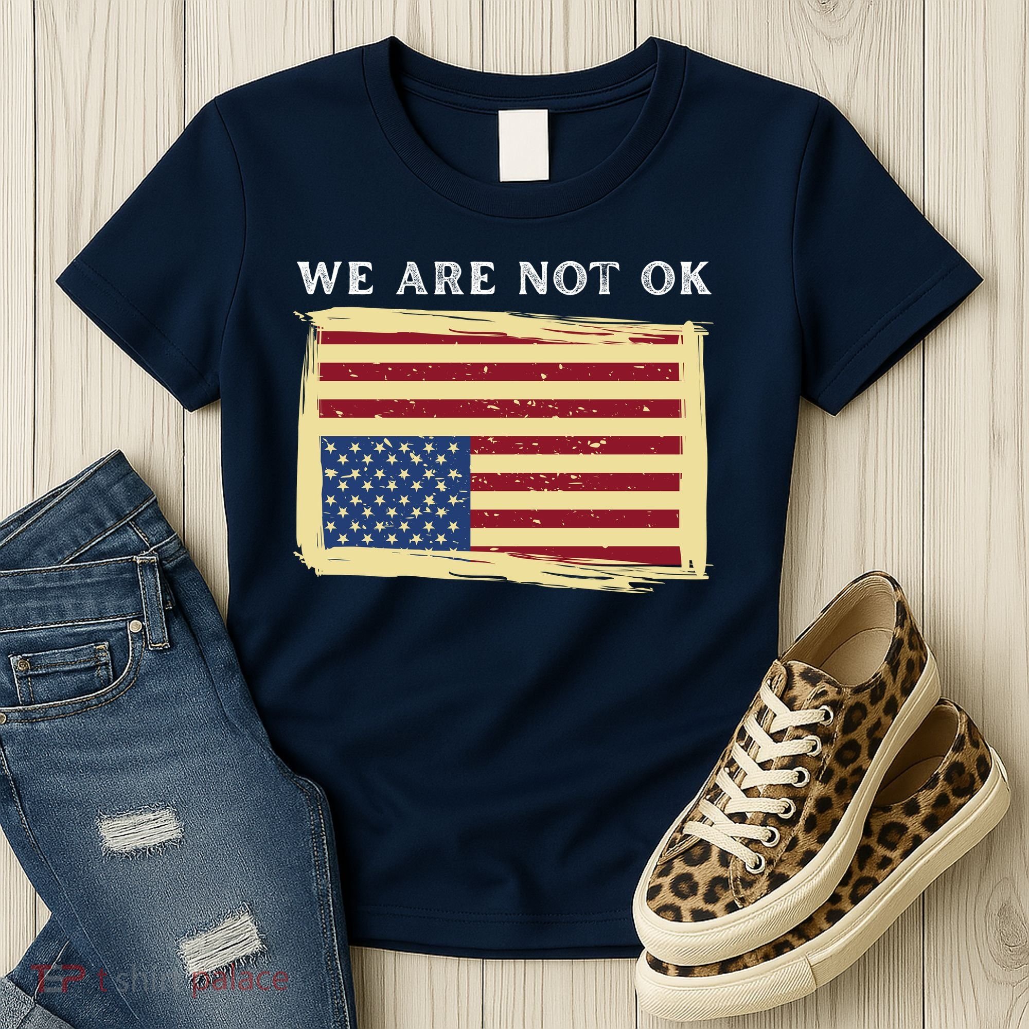 We Are Not Ok Upside Down USA Flag In Distress Women's T-Shirt