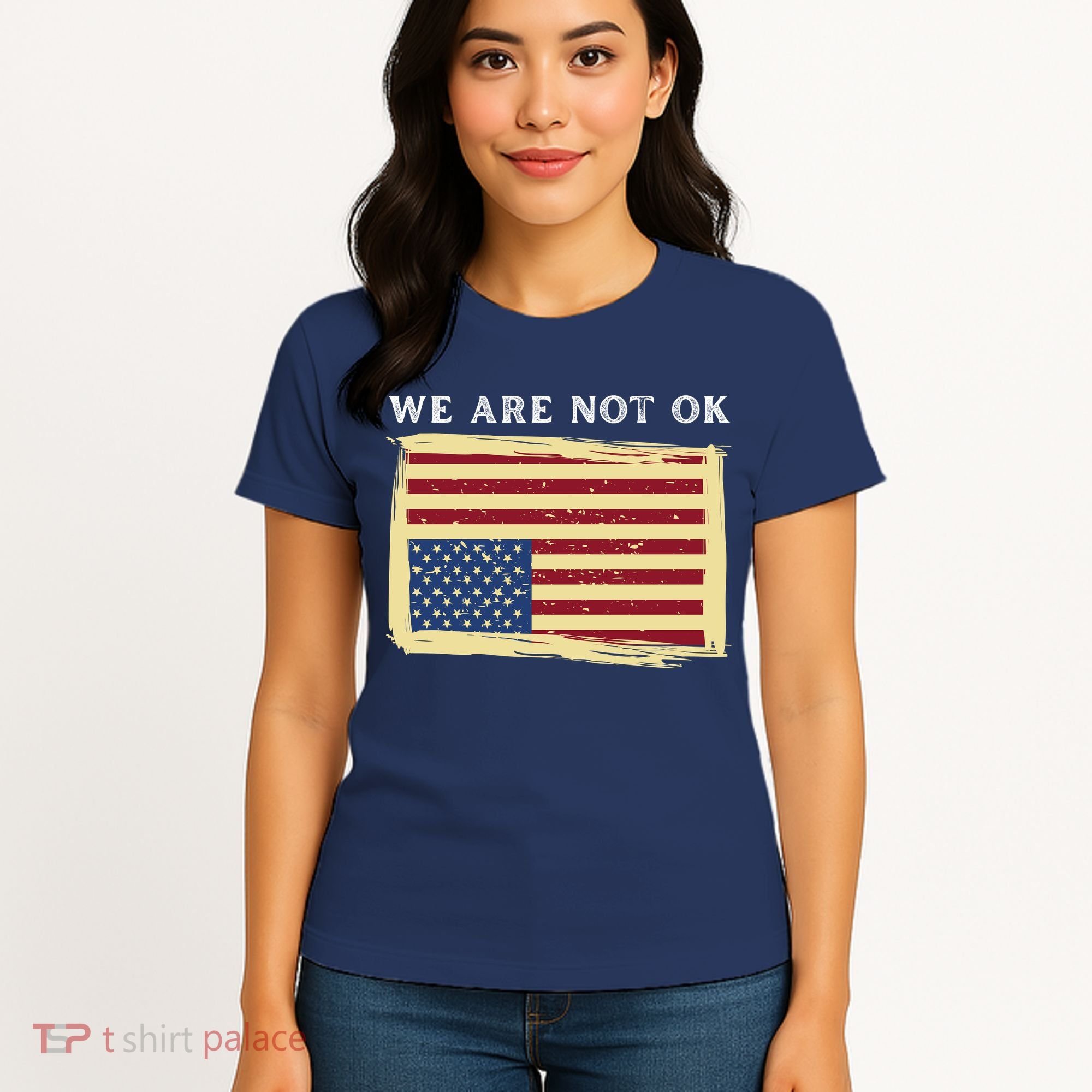 We Are Not Ok Upside Down USA Flag In Distress Women's T-Shirt
