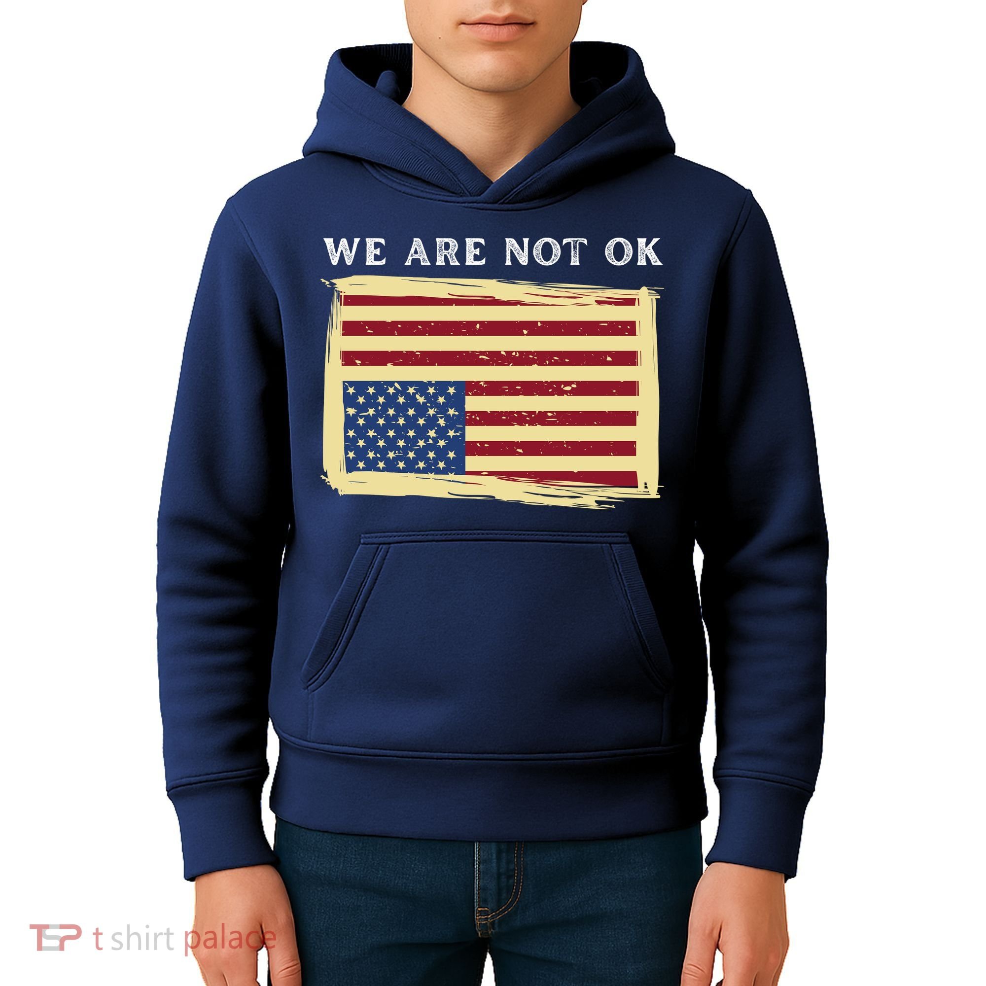 We Are Not Ok Upside Down USA Flag In Distress Kids Hoodie