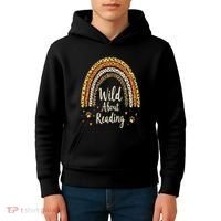 Wild About Reading Teacher Back To School Rainbow Gift Kids Hoodie thumb 4
