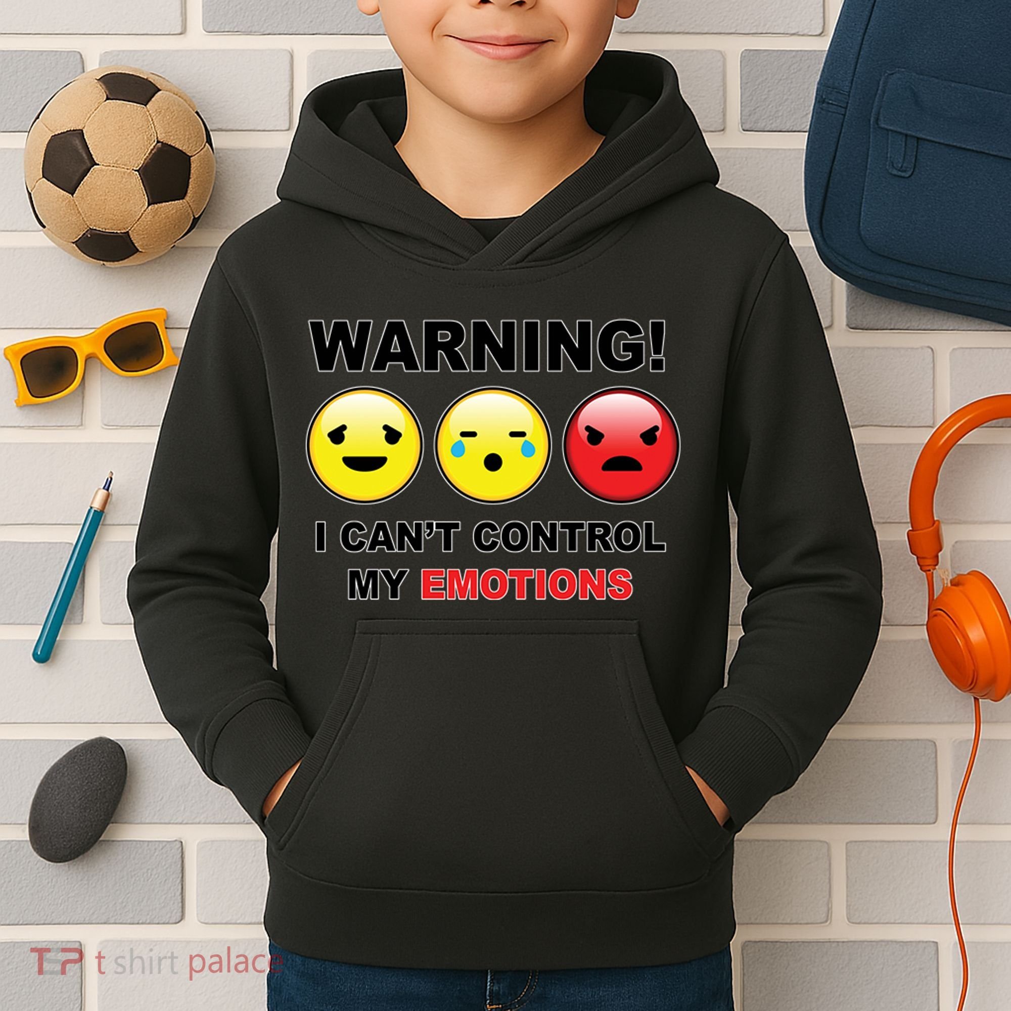 Warning Can't Control Emotions Emoji Face Kids Hoodie