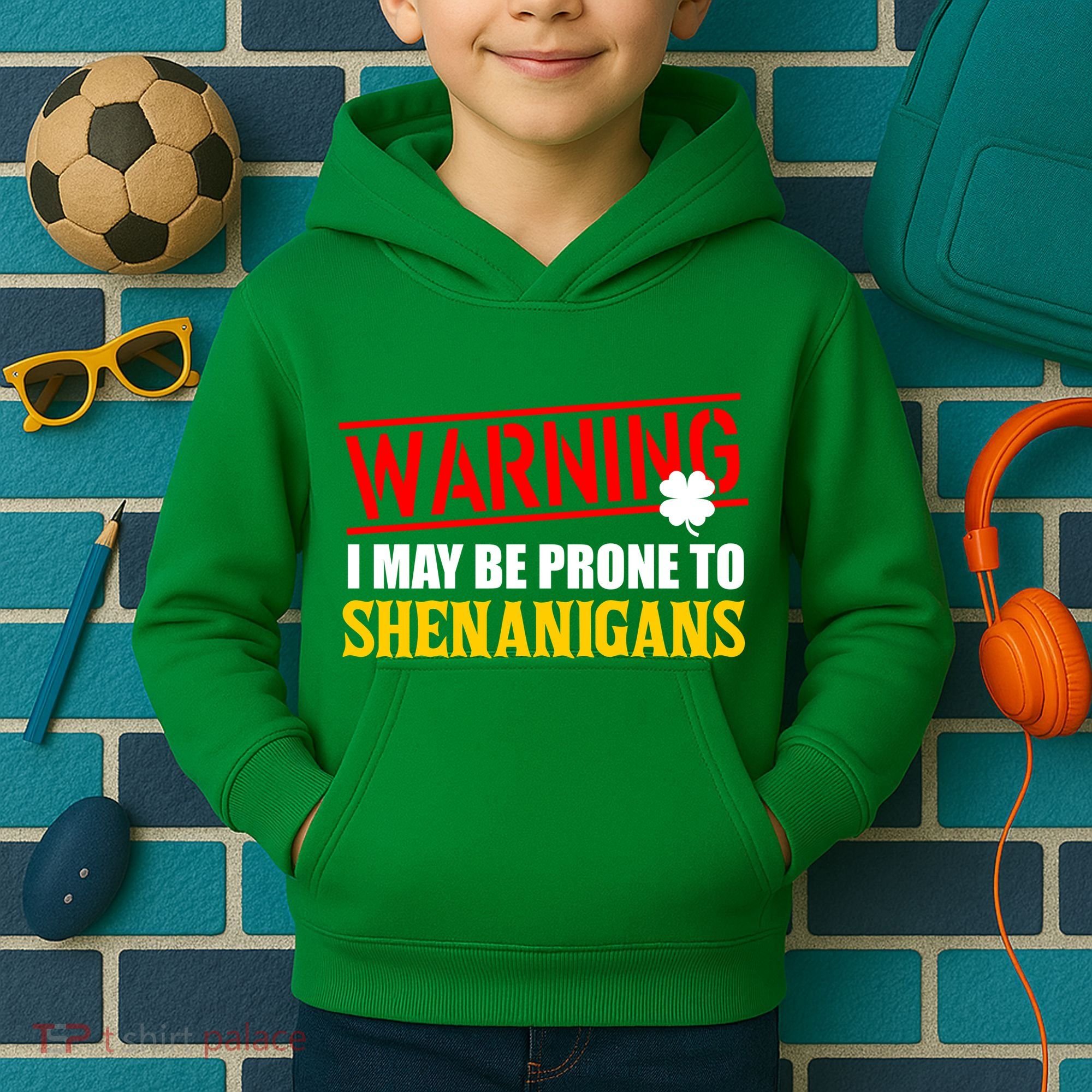 Warning I May Be Prone to Shenanigans St. Patrick's Day Clover Kids Hoodie