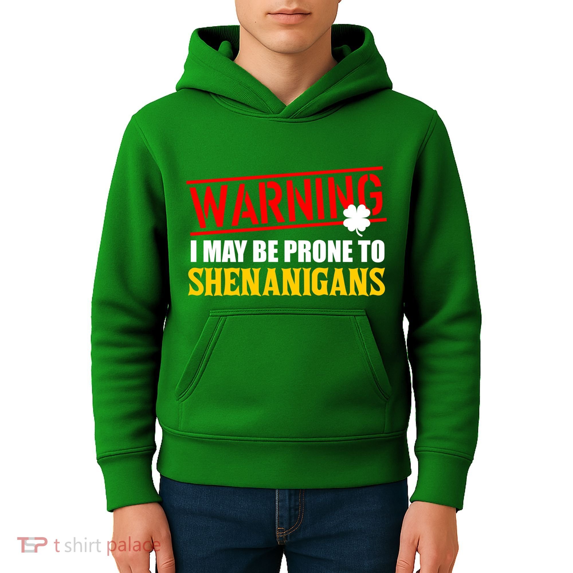 Warning I May Be Prone to Shenanigans St. Patrick's Day Clover Kids Hoodie