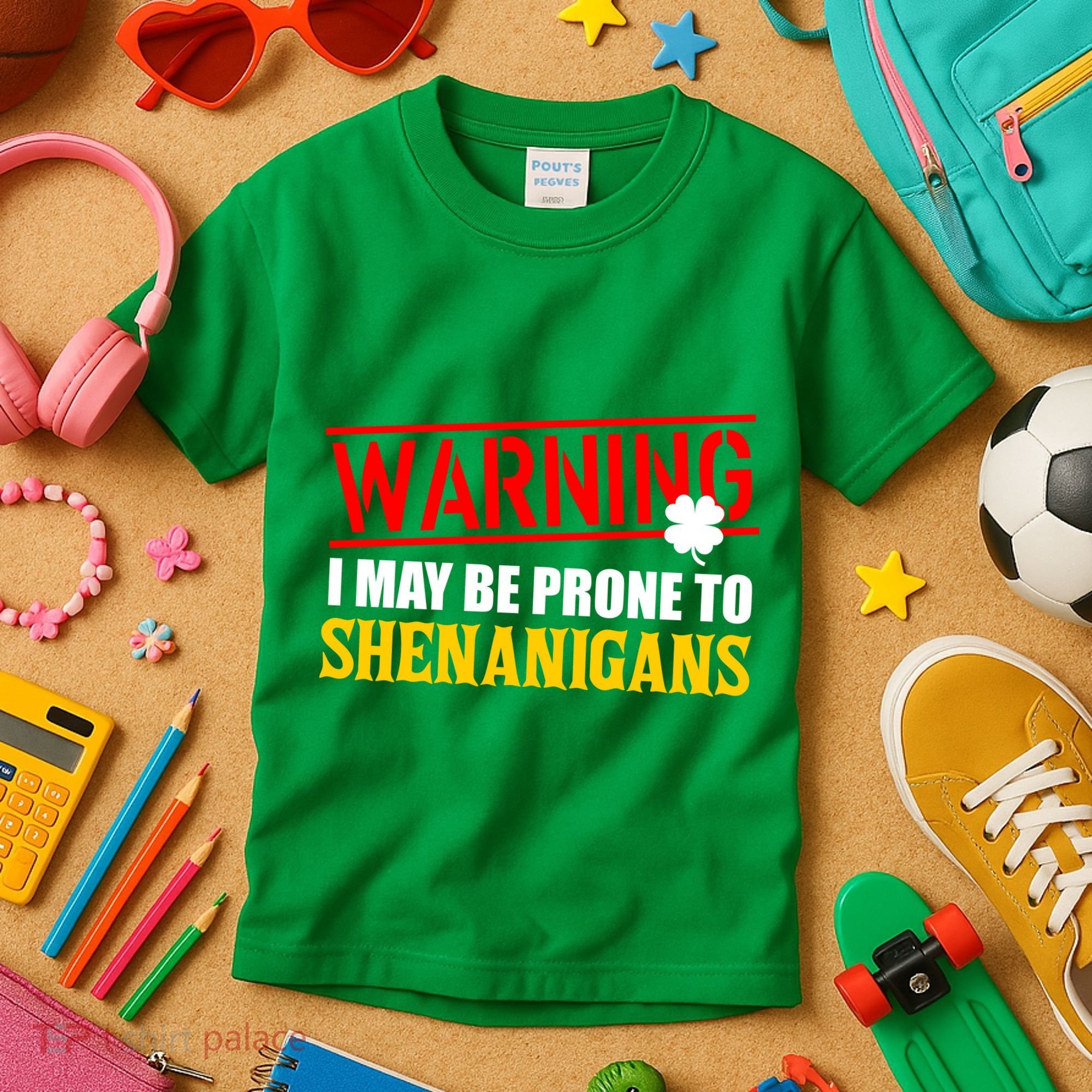Warning I May Be Prone to Shenanigans St. Patrick's Day Clover Kids T-Shirt