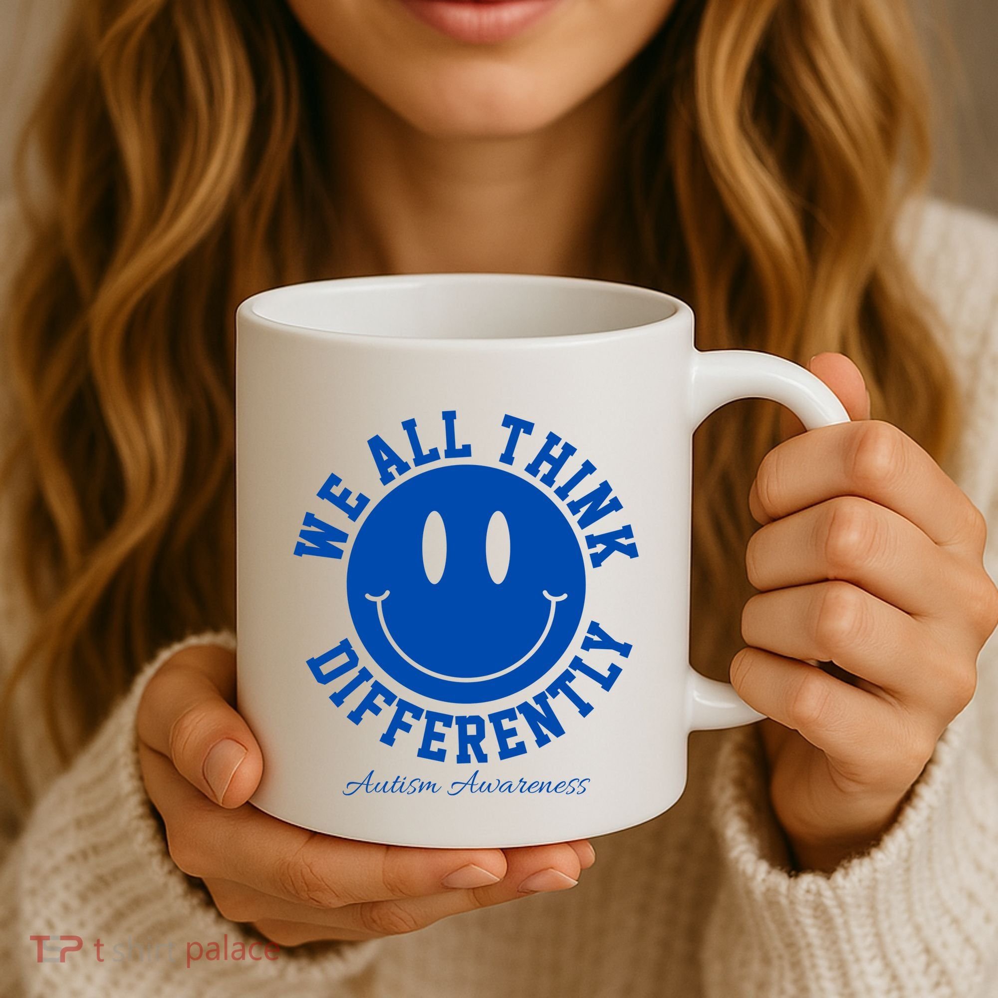 We All Think Differently Autism Awareness Smile Face Coffee Mug