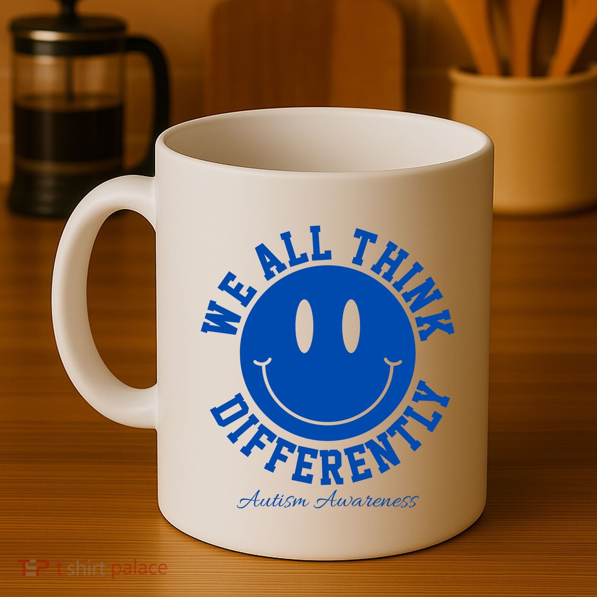 We All Think Differently Autism Awareness Smile Face Coffee Mug