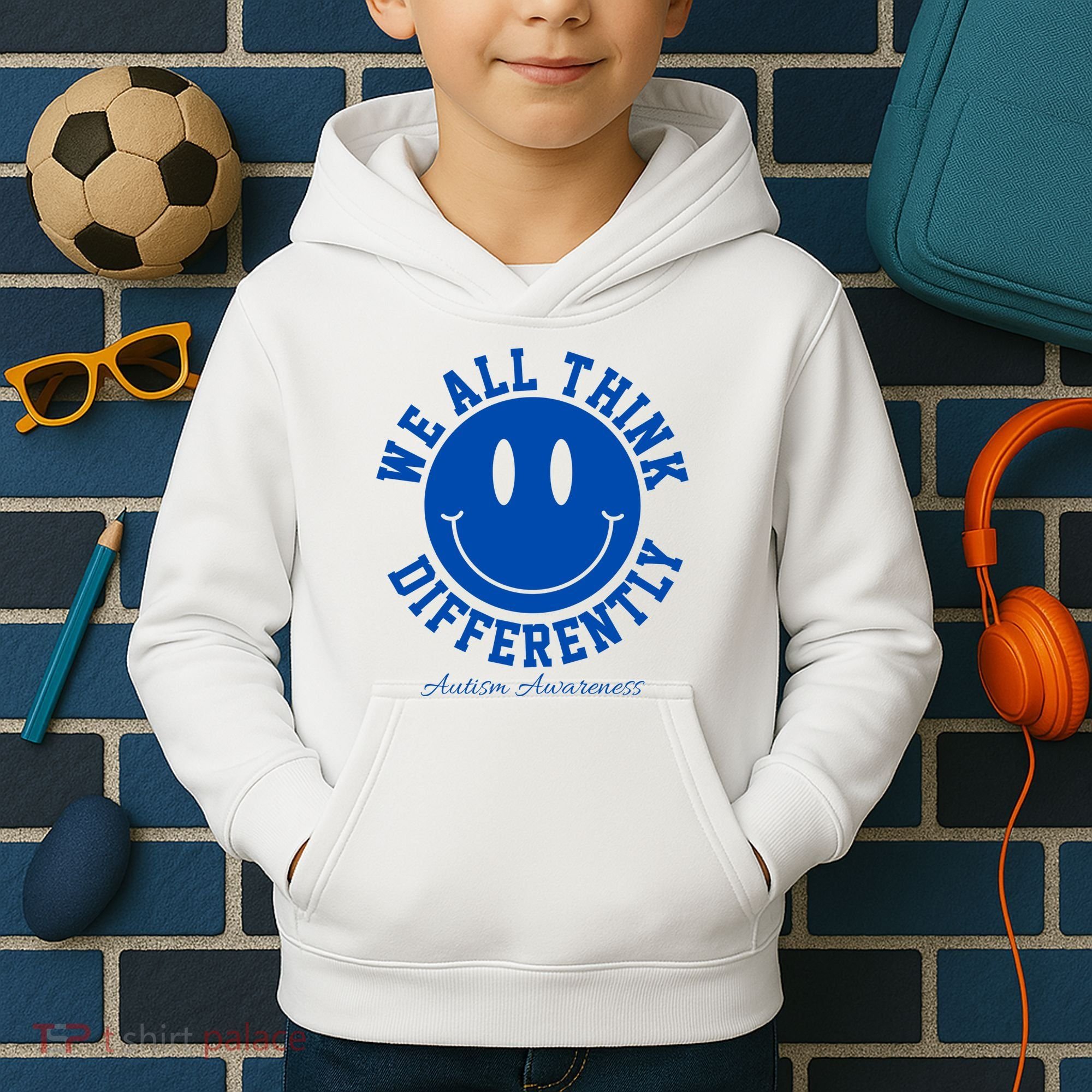 We All Think Differently Autism Awareness Smile Face Kids Hoodie