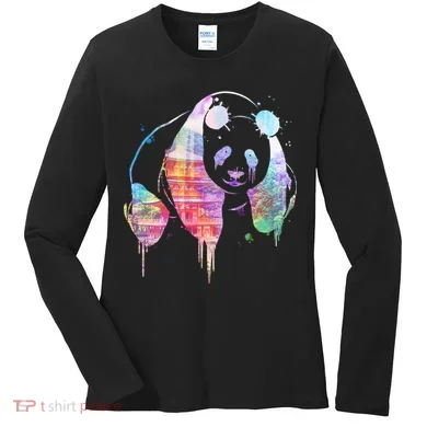 Watercolor Panda Bear Double Exposure Women's Long Sleeve Shirt