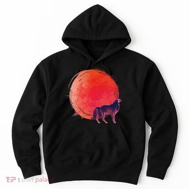 Watercolor Red Moon and Howling Wolf Hoodie
