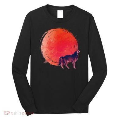 Watercolor Red Moon and Howling Wolf Long Sleeve Shirt
