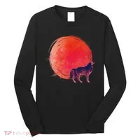 Watercolor Red Moon and Howling Wolf Long Sleeve Shirt thumb 0