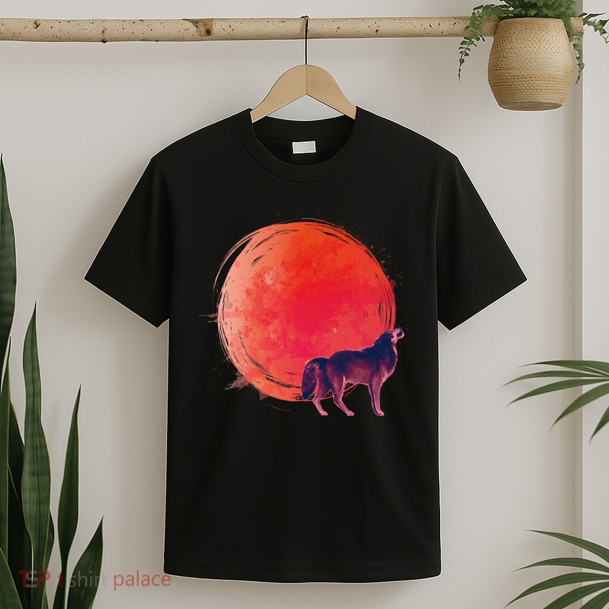 Watercolor Red Moon and Howling Wolf T-Shirt