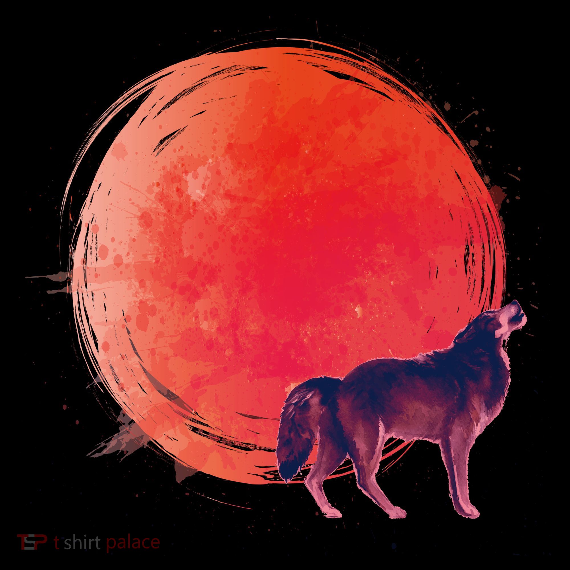 Watercolor Red Moon and Howling Wolf T-Shirt