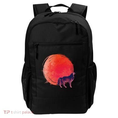 Watercolor Red Moon and Howling Wolf Backpack