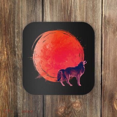 Watercolor Red Moon and Howling Wolf Coaster