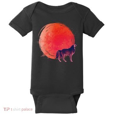 Watercolor Red Moon and Howling Wolf Baby Bodysuit