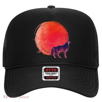 Watercolor Red Moon and Howling Wolf Hat